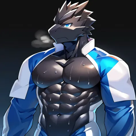 Thin macho　western black dragon　　abs　　　　　Hollow abs　　body suit　　thick arms　　　chest rig　　　、sweaty　　　skin glow　　profile　　Wearily　short of breath　　  　Chemo shota　　Chunky breasts　
have a 　blue eyes　Tired look　Glowing abs　Deep abdominals jacket　profile　One pers...