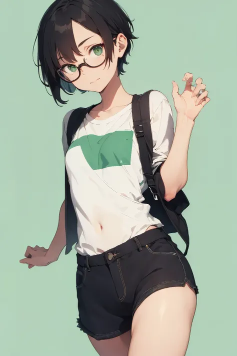 A Tomboy, with short dark hair, dressing like a nerdy man with beautiful green eyes.