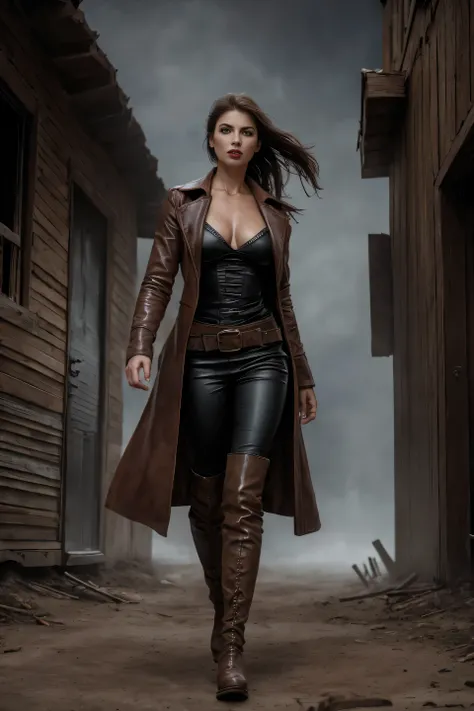 circa 1880s full length western cowboy woman, long brown ponytail, brown eyes, high arched eyebrows, long graceful neck, red lips, large breasts, tight brown leather pants, long leather coat, leather boots, desolate desolate American small town dusty walks...