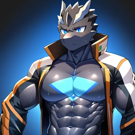 Thin macho　western black dragon　　abs　　　　　Hollow abs　　body suit　　thick arms　　　chest rig　　　、sweaty　　　skin glow　　profile　　Wearily　short of breath　　  　Chemo shota　　Chunky breasts　
have a 　blue eyes　Tired look　Glowing abs　Deep abdominals jacket　profile　One pers...