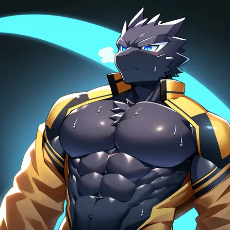 Thin macho　western black dragon　　abs　　　　　Hollow abs　　body suit　　thick arms　　　chest rig　　　、sweaty　　　skin glow　　profile　　Wearily　short of breath　　  　Chemo shota　　Chunky breasts　
have a 　blue eyes　Tired look　Glowing abs　Deep abdominals jacket　profile　One pers...