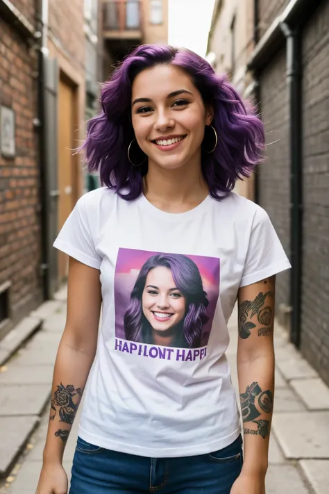 street photography photo of a young woman with purple hair, smile, happy, cute t-shirt, tattoos on her arms, standing in an alleyway