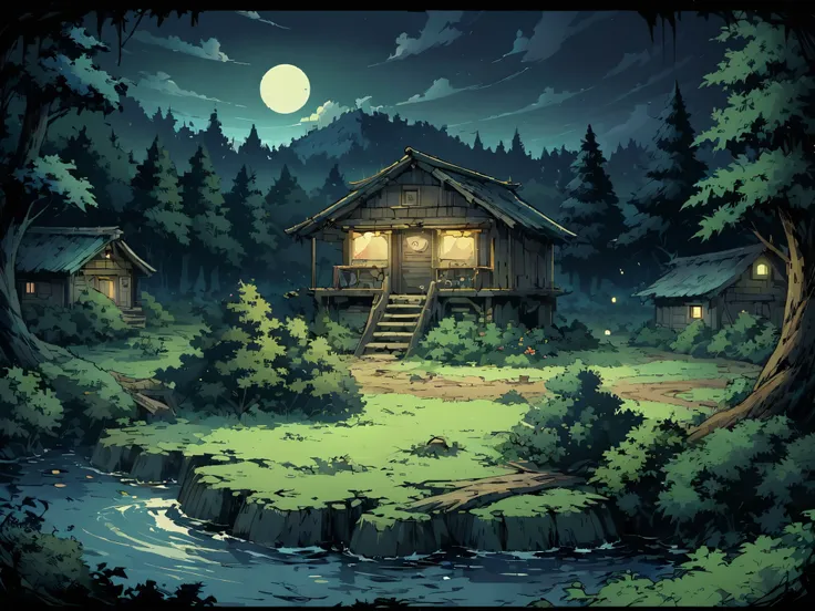 forest，forest被神秘的微光笼罩，forest有一个湖，the lake is surrounded by bushes and trees，there is a dilapidated cabin。night，night view。mid-gr...