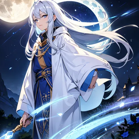 Silver long hair、Clear blue eyes。Wearing a robe with a moon pattern、Carrying a walking stick。40s。woman。Wizard