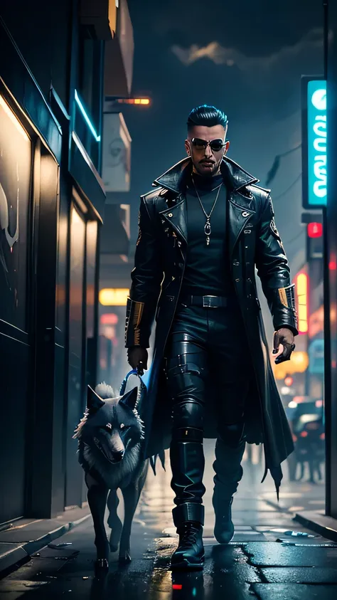 a man walking with a wolf in cyberpunk city 2077, long black coat, electric atmosphere with golden and blue tones