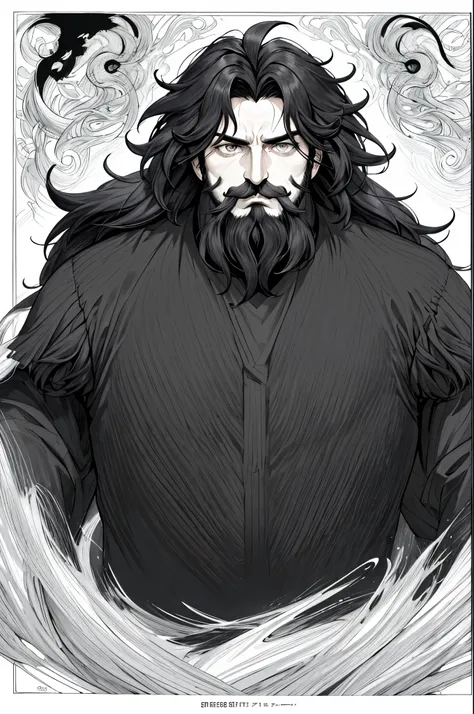 neocruz messy hair, black fur, wide, mustache with goatee beard, the lord of shadows hyper realistic super detailed line art com...