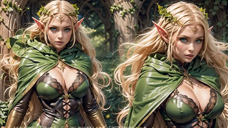 (masterpiece, best quality:1.2), solo8k, (full view of body), Elf ears, Huge breast, (1 woman, elven featured face, seductive expression, massive bulging breast, beautiful green eyes, braided blonde hair, thick hips, narrow shoulders, hourglass, thick bush...