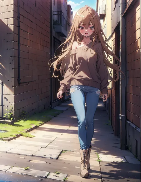Taiga Aisaka, taiga aisaka, Long Hair, Brown Hair, Brown eyes,happy smile, smile, Open your mouth,One-shoulder sweater,Skinny jeans,short boots,Daytime,Clear skies,Walking,whole bodyがイラストに入るように,
break outdoors, Building district,
break looking at viewer, w...