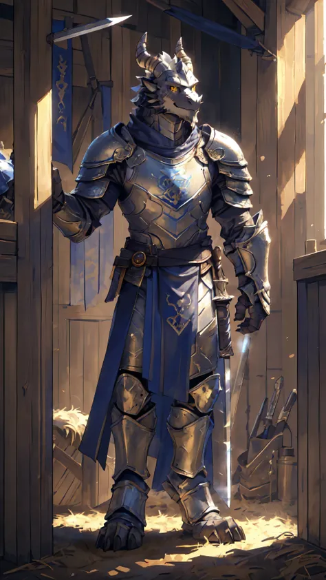 Medieval background:1.6，((Crusu:1.6))，Sunlight，high resolution，4K，gay，(((whole body:1.1)))，masterpiece，high quality，Calm and calm，((dragon))，male，(((Training in the barracks:1.3)))，dragonFurry，(teenager:1.3)，hairy，((stable，Handsome face:1.4))，((peaceful))，...