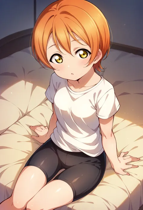 Masterpiece, best quality,Hoshizora rin,solo ,yellow eyes, short hair,orange hair, White Top,Bike shorts, sitting, chibi, arms behind,love live style , indoors