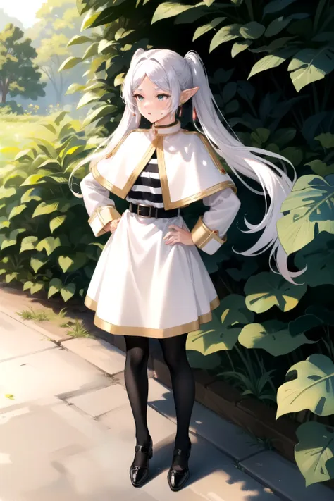 (masterpiece, best quality),  intricate details,
1girl,     frieren, long hair, pointy ears, jewelry, earrings, twintails, long sleeves, capelet, white capelet, dress, parted bangs, white dress, belt, pantyhose
sweating, outdoors, jungle, hot,  hands on hi...