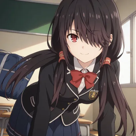 score_9, score_8_up, score_7_up, source_anime,
kurumitokisaki, kurumi tokisaki, black hair, red eyes, long hair,
skirt, long sleeves, ribbon, school uniform, jacket, pleated skirt, bag, hair over one eye, blue skirt, blazer, school bag, black blazer, twint...