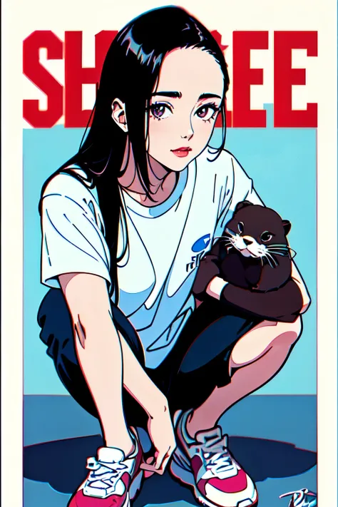 best quality,masterpiece,ultra high resolution,1 woman,alone,long hair,shirt,pants,black hair,forehead,squatting,shoes,looking a...