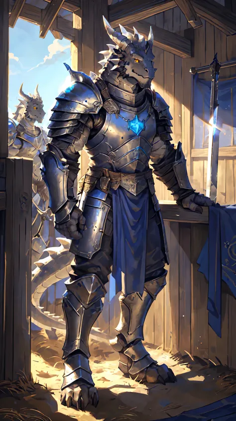 Medieval background:1.6，((Crusu:1.6))，Sunlight，high resolution，4K，gay，(((whole body:1.1)))，(Fighting Stance)，masterpiece，high quality，Calm and calm，((dragon))，male，dragonFurry，(teenager:1.3)，hairy，((stable，Handsome face:1.4))，((peaceful))，((Holding a long ...