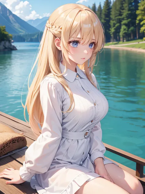 1woman,Sit on a boat,on the lake, looking away,, looking away,,looking away,Facing right, camera angle from the side, photo from the side, ,Beautiful makeup, long eyelashes,early in the morning,stunning,half body photo, very detailed face,cute,,HD face, pe...