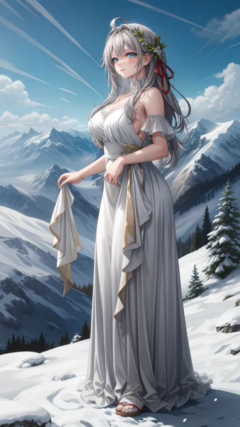 

(1girl), (masterpiece), (best quality), ((looking at the viewer)), ((full body))

In a serene alpine setting, atop a snow-capped mountain peak, a young woman stands gracefully. Her hair, as pure and white as freshly fallen snow, cascades down her shoulde...