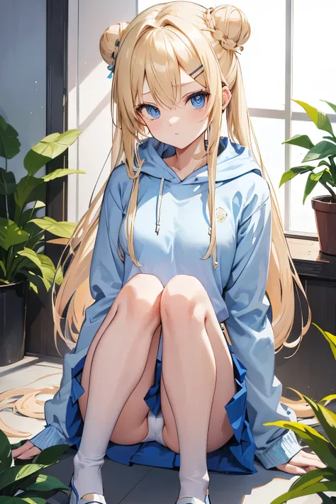 Blonde、semi-long、Hair Bun、Two hairpins、White panties in full view、Light blue hoodie、Thin legs、Small waist、Knee-high、Composition from the front、Blue Eyes、skirt、Crouching pose、Slender figure、Small breasts、Background plants