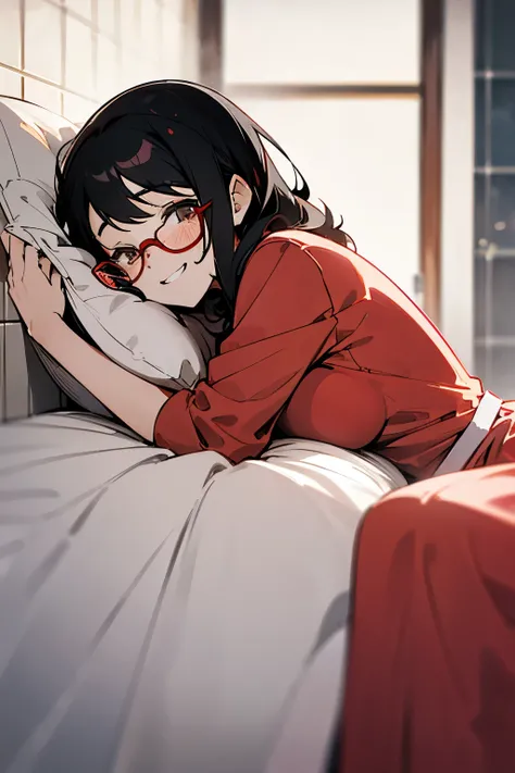 Red Glasses、A woman laughing shyly, Lying in bed、Black Hair, 40s、Warm lighting, Blurred foreground, cute, change, anime, 4K,  Shower cap, masterpiece, 