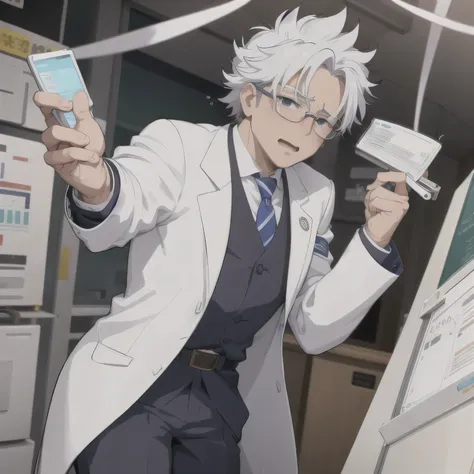Anime-style image of a middle-aged man wearing a white coat in a laboratory, He is in the earthquake lab., elite scientist, Wearing a white coat and glasses, uncle, Geeky appearance, Standing in the lab, The earthquake is all I can think about.、One person、...