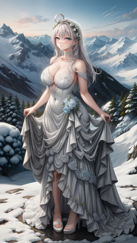 

(1girl), (masterpiece), (best quality), ((looking at the viewer)), ((full body)),((facing the viewer)), ((dress that shows off her figure)), ((White hair)), ((beautiful wedding dress))

In a serene alpine setting, atop a snow-capped mountain peak, a youn...