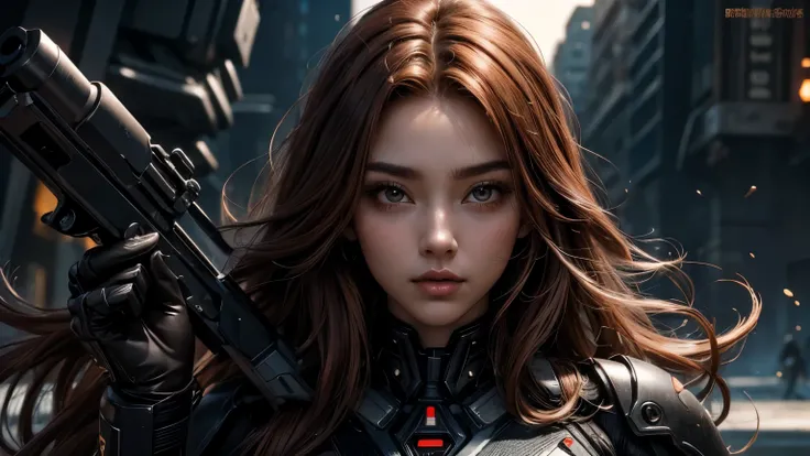 Upper body close-up image。One beautiful woman。Chestnut-colored hair。Detailed drawing of faces。Beautiful double eyelids。Straight nose。Well-shaped lips。She wears a black metallic battle suit.。Holding a large futuristic gun in his hand。Masterpiece。