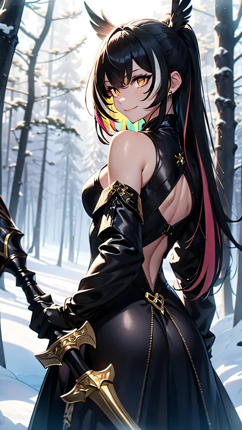 a young demigoddess of destruction, long black hair with rainbow highlights, golden eyes, smug smile, wearing an armored dress, ...