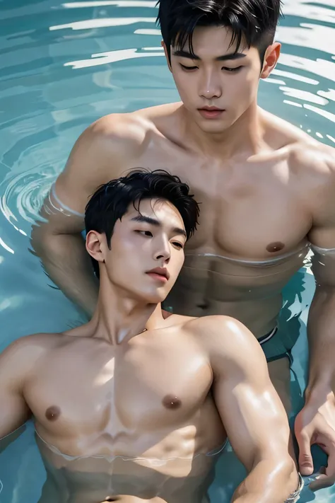 Handsome　Asian Male Model Solo　　adult　Black Hair　short hair　Short cut　 Beautiful Skin　slim and muscular　 Very small tight white speedo swimsuit　white「G-string　Both of them are topless　Sleeping floating on the water on his back