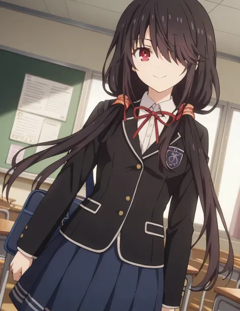 score_9, score_8_up, score_7_up, source_anime,
kurumitokisaki, kurumi tokisaki, black hair, red eyes, long hair,
skirt, long sleeves, ribbon, school uniform, jacket, pleated skirt, bag, hair over one eye, blue skirt, blazer, school bag, black blazer, twint...