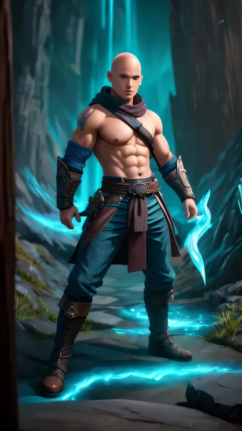 male, warrior mage, bald, (naked torso), torn beige pants, straps, belts, fighting stance, cyan-aura, using cyan-magic, cyan-mag...