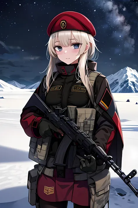 Masterpiece, 1girl, solo, ak-74m, standing, outdoor, snow camouflage uniform, bulletproof vest, helmet, soldier, Snowy mountain, night 