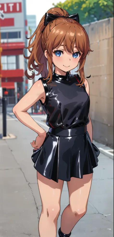 best quality, (masterpiece:1.2), highly detailed, standing, street,
1girl, solo, akatsuki minami,
looking at the viewer, closed mouth, smile, slight blush,
blue eyes, brown hair, ponytail, hair bow, sleeveless, ((dominant girl, latex skirt, latex shirt))