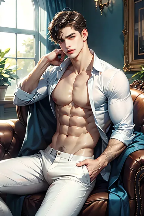 1boy, extreme realistic very handsome young boy, having very realistic well defined body shape features and well defined abs and packs, wearing transparent white shirt, male_focus, muscular, muscular_male, solo, bara, pectorals, pants, short_hair, navel, l...