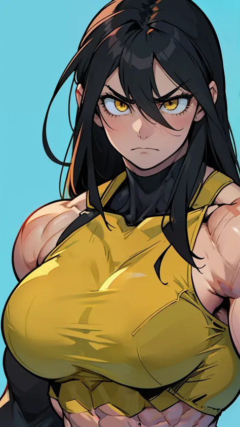 frown sad (((muscular girl toned body massive breasts))) yellow eyes hair between eyes pale skin black hair