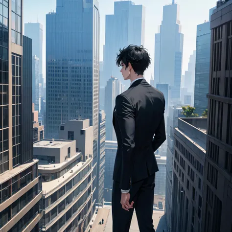 1boy, short black hair, blue eyes, wearing all black suits, on top of a building, high res, ultrasharp, 8k, masterpiece, looking at viewer from behind