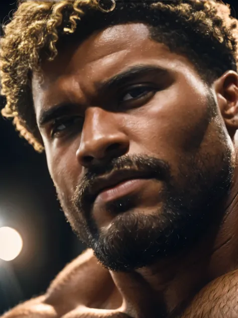 extreme close-up, close-up on face, solo, black male, 24yo strongman, confident, beefy, (curly blonde, hairy, hirsute), romantic, handsome, (sharp focus, soft lighting, film photography, photorealistic, hyperreal),