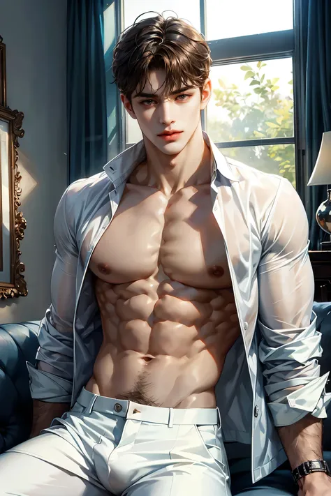 1boy, extreme realistic very handsome young boy, having very realistic well defined body shape features and well defined abs and packs, wearing transparent white shirt, male_focus, muscular, muscular_male, solo, bara, pectorals, pants, short_hair, navel, l...