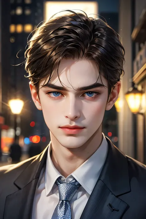 masterpiece, best quality, realistic, 1man, mature male, quiet and charming young man, 25 years old, close his eyes, serious look, extremely detailed face, ((dark navy blue eyes)), ((short-right-swept dark brown hair)), [thick eyebrows], detective, in the ...