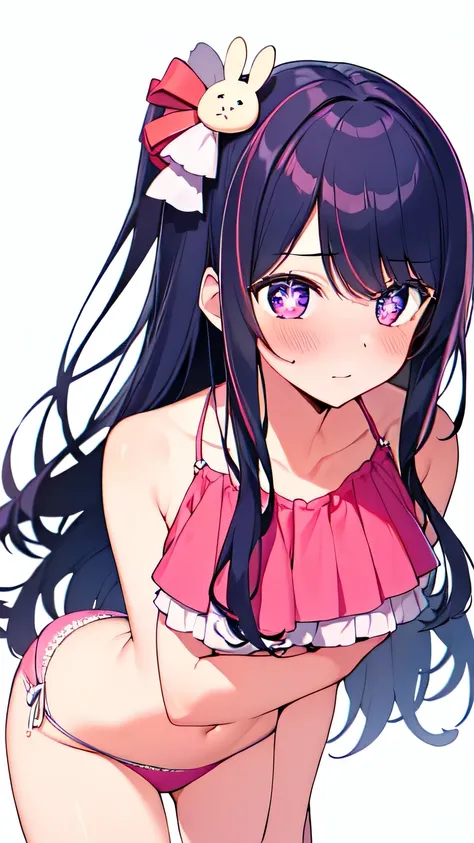 (((masterpiece, best quality, ultra-detailed,))) 1girl, frilled, colorful bikini, (high quality bikini), ultra-detailed bikini, sexy, (leaning forward), cowboy shot, Hide your hands behind your back, Hoshino Ai, long hair, purple hair, streaked hair ,purpl...