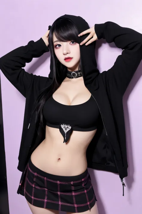 Goth girl, dark long hair, black lipstick on her lips, purple eyes, mastodon heavy breasts, black hooded sweatshirt, black micro skirt, look at the viewer, fair skin, big hipp. 