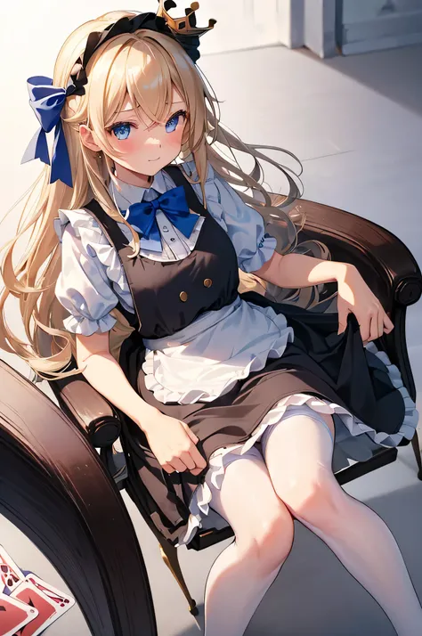 One girl, alone, Long Hair, blue eyes, Blonde, Crown, Sitting, pantyhose, dress, bow, card, apron, hair band, playing card, View your viewers, Short sleeve, hair bow, blue hair band, smile, blush, put your hand on your face, blue dress, Alice (Alice in won...