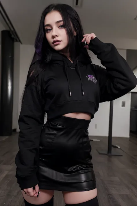 Goth girl, dark long hair, black lipstick on her lips, purple eyes, mastodon heavy breasts, black hooded sweatshirt, black micro skirt, look at the viewer, fair skin, big hipp. 