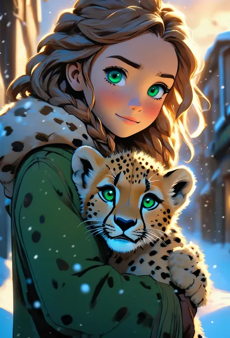 beautiful hand drawn anime shot. young happy girl in heavy coat holding a cheetah cub in a hug as she walks through a modern fan...