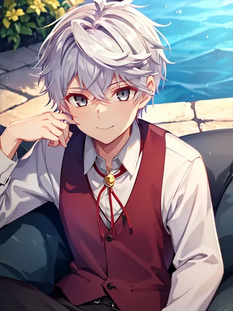  1boy, solo, male focus, lugh_tuatha_de, grey hair, grey eyes, short hair, hair between eyes, bangs,Sit in the kingdom,smile