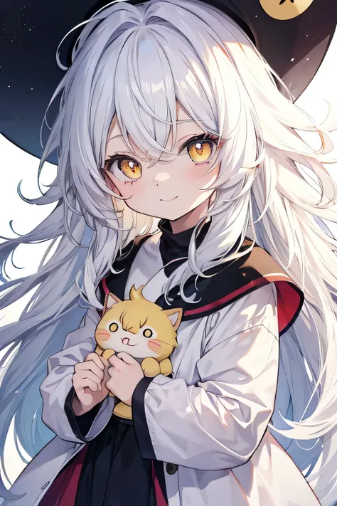 anime toddler, cute anime toddler, smiling, white hair, long hair, messy hair, big eyes, yellow eyes
