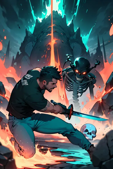 man in teal tshirt and blue pants fighting a black skeleton which has a sword in its hands set in a red colored world with lava and dark red building in the background