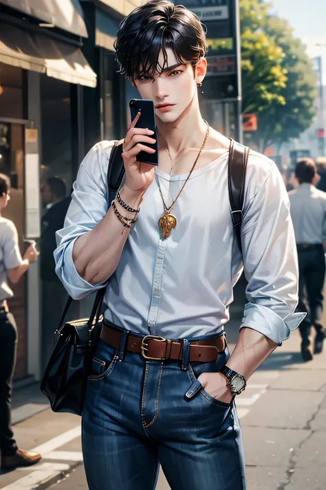 1boy, male_focus, pants, solo, belt, blue_shirt, bag, jewelry, black_hair, phone, shirt, blurry_background, holding, black_pants, blurry, realistic, necklace, holding_phone, cellphone, outdoors, short_hair, earrings, looking_at_viewer, black_belt, standing...