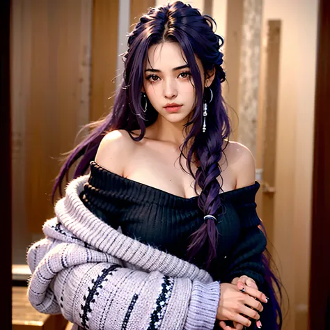 Realistic medium long shot photo, 1girl, off-shoulder sweater, long messy untamed wild black and purple dreadlocks.