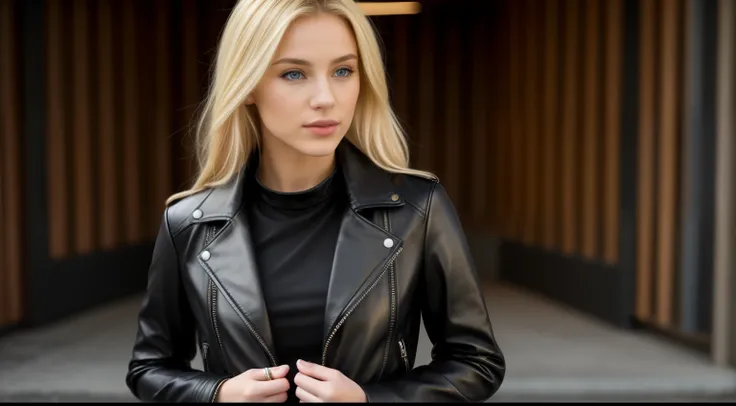 Young blonde girl in black leather jacket.