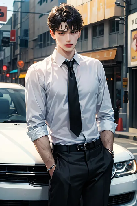 necktie, shirt, white_shirt, realistic, black_hair, male_focus, solo_focus, 1boy, jewelry, earrings, collared_shirt, black_pants, pants, short_hair, blurry, artist_name, ground_vehicle, motor_vehicle, car, parted_lips, black_eyes, looking_to_the_side, blur...