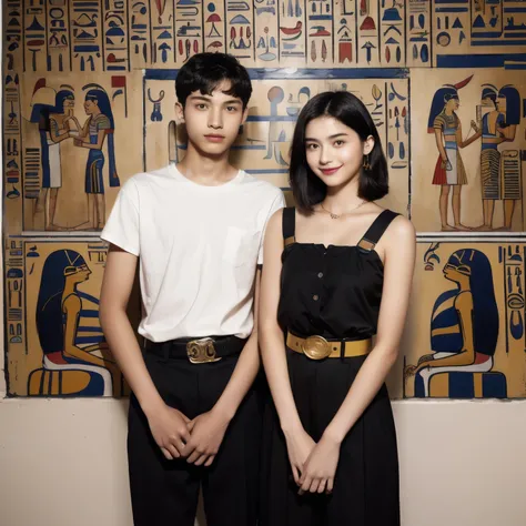 246 (In the mural２people々々々々々々), (An 18-year-old female and an 18-year-old male), short hair,kind, lipstick, Egyptian civilization, Waist belt, Hieroglyphics, smile